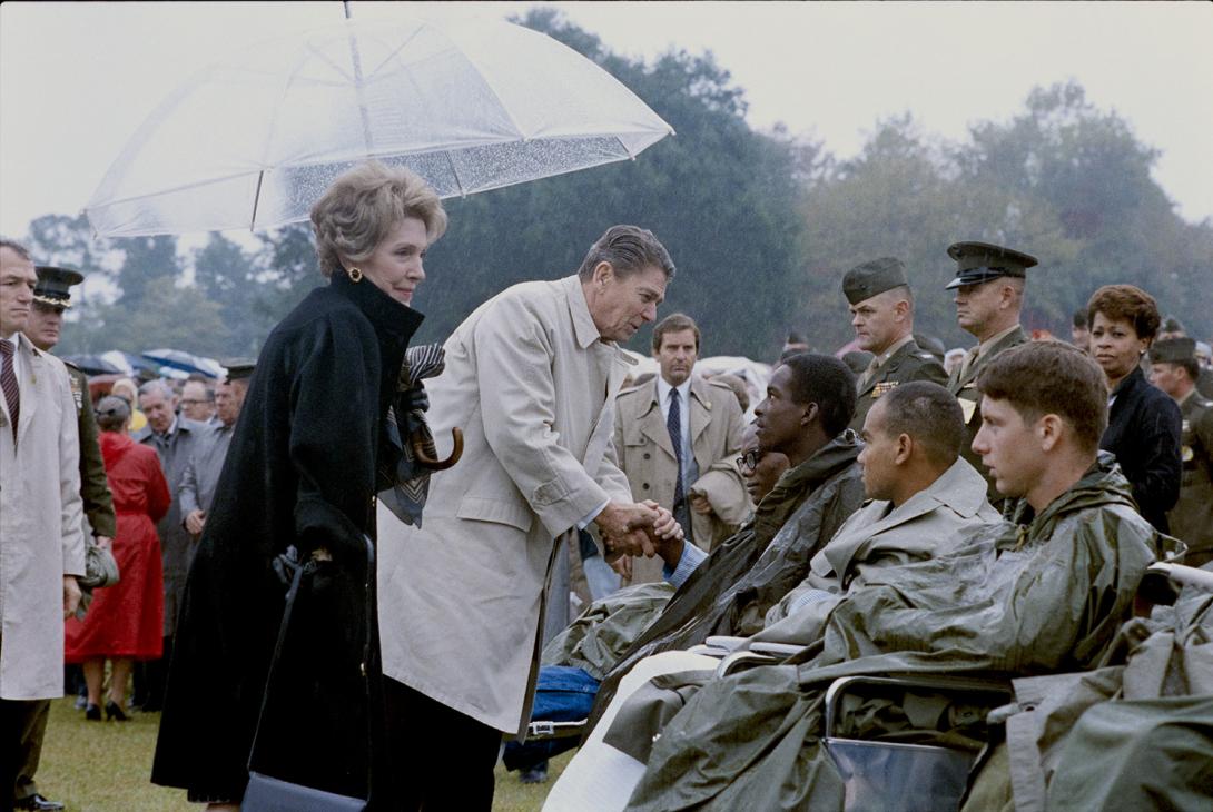 President Ronald Reagan and Nancy Reagan at memorial service for Lebanon and Grenada casualty victims at Marine Corps Base Camp Lejeune, North Carolina 11/04/1983 NAID: 276563747