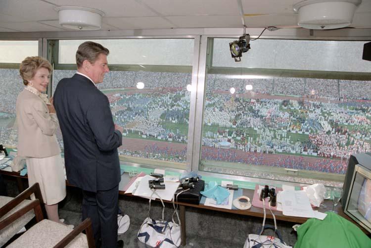 President Ronald Reagan and Nancy Reagan viewing the Opening Ceremonies of the 1984 Summer Olympic Games at the Los Angeles Memorial Coliseum 07/28/1984  NAID: 75853539