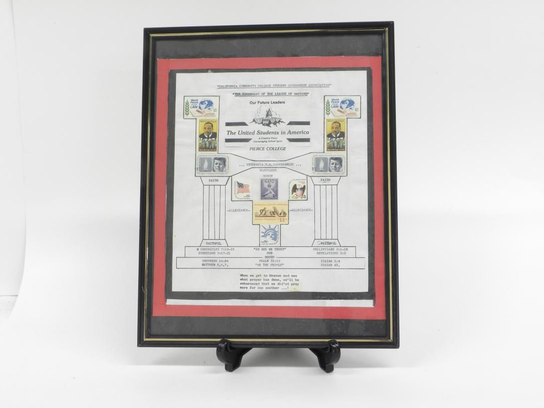 A framed document "California Community College Student Government Association, The Covenant Of The League Of Nations' Our Future Leaders The United Students in America A Creative Force Encouraging School Spirit Pierce College, Student (A.S.B.) Government, Elections, Honor, Faith, Allegiance, Faithful; 2 Chronicles 7:14-15, Ephesians 3: 17-21, Philippians 2: 1-18, Revelations 3:9, Proverbs 14-34 Mathew 5,6,7, Isaiah 3:4, Isaiah 43; When we get to Heaven and see what prayer has done we'll be embarrassed that
