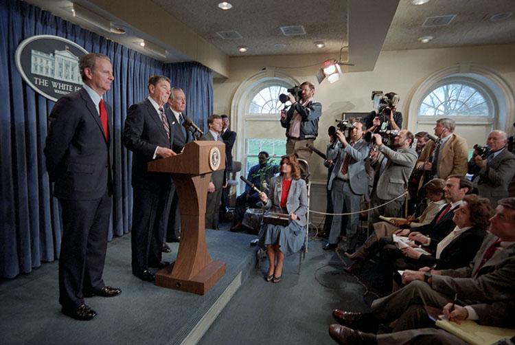 President Ronald Reagan delivering his Remarks Announcing the Nomination of James Baker to be Secretary of the Treasure and the Appointment of Donald Regan as Assistant to the President and Chief of Staff 01/08/1985  NAID: 75853837