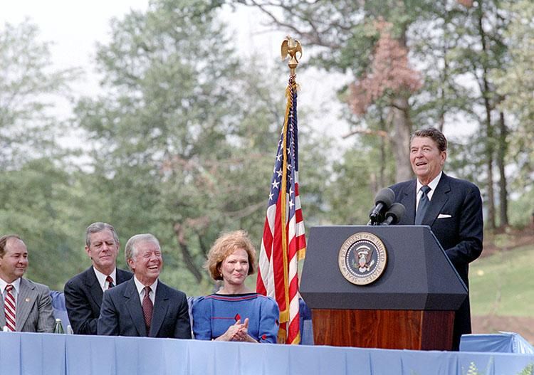 President Ronald Reagan delivering his Remarks at the Dedication Ceremony for the Carter Presidential Center in Atlanta, Georgia 10/01/1986  NAID: 75855059