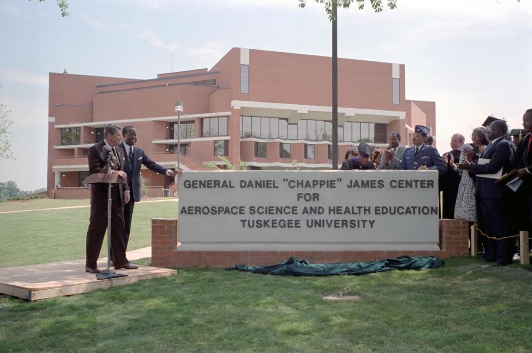President Ronald Reagan dedicating the General Daniel “Chappie” James Center for Aerospace Science and Health Education at Tuskegee University in Tuskegee, Alabama 05/10/1987 
