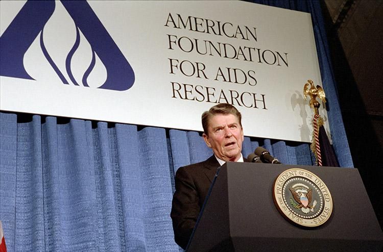 President Ronald Reagan delivering his Remarks at the American Foundation for AIDS Research Awards Dinner at the Potomac-on-the-River Restaurant in Washington, D.C. 05/31/1987  NAID: 75855469