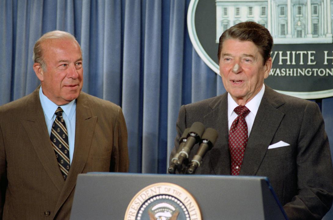 President Ronald Reagan delivering his Remarks to Reporters Announcing the Central American Peace Initiative with Secretary of State George Shultz in the Briefing Room 08/05/1987NAID: 276564537