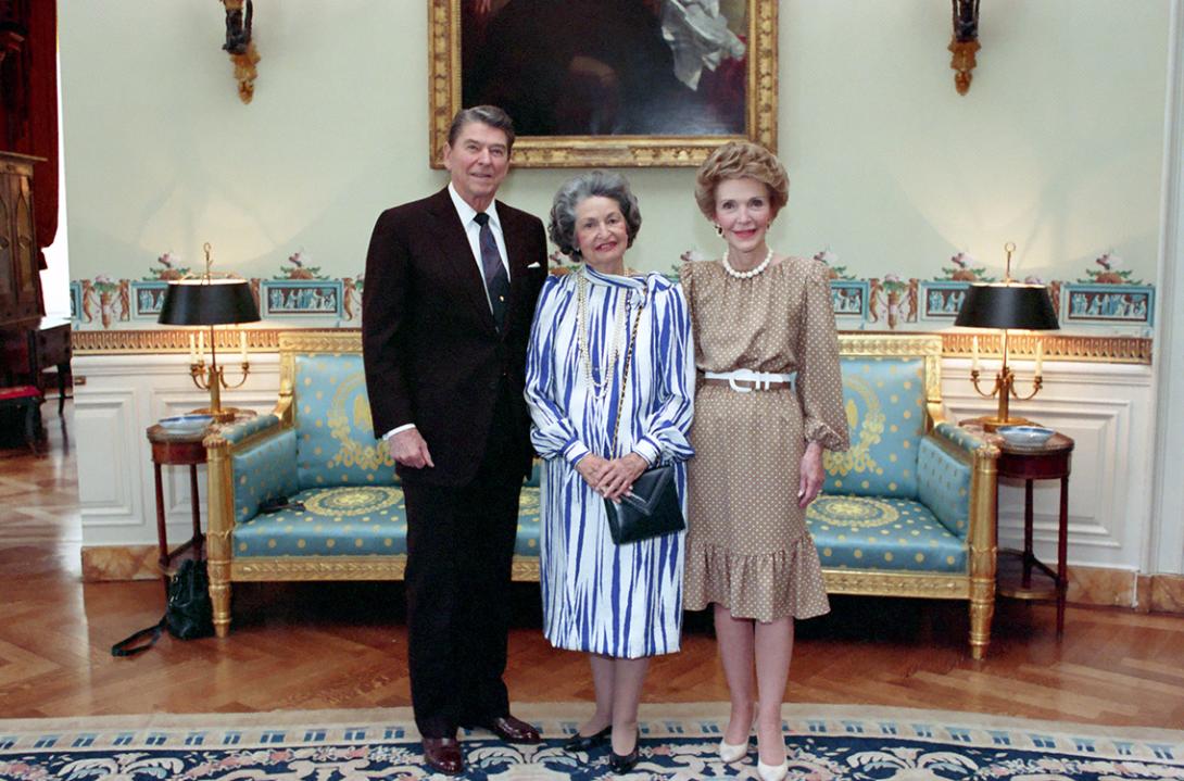 President Ronald Reagan and Nancy Reagan with former First Lady Lady Bird Johnson in the Blue Room after presenting her with the Congressional Gold Medal 04/28/1988 NAID: 75856063