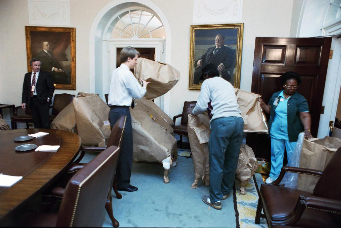 The unwrapping of new Cabinet Room chairs 01/12/1989