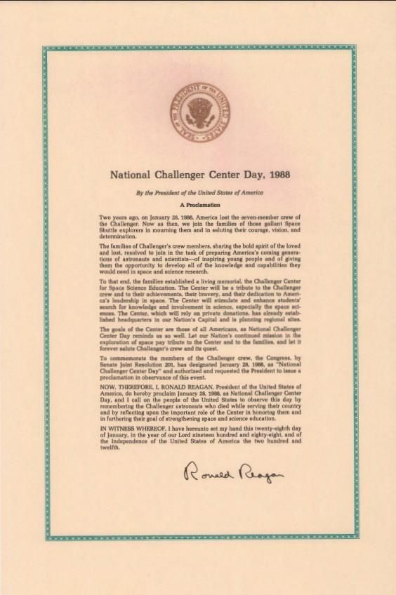 Proclamation, National Challenger Center Day, 1988, 01/28/1988, Correspondence, Office of: Records. Box 84 (1988). Folder National Challenger Center Day. NAID: 318387063