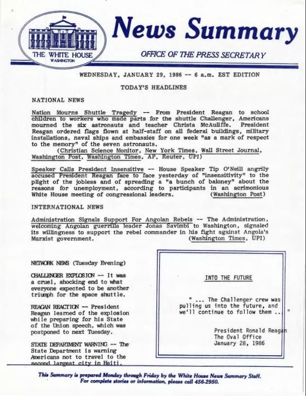 Page 1, News Summary Office of the Press Secretary Wednesday, 01/29/1986 – 6 a.m. EST Edition News Summary Office, White House: News Summaries SERIES II: WHITE HOUSE NEWS SUMMARY FINALS. Box 386.  Folder 01/29/1986.