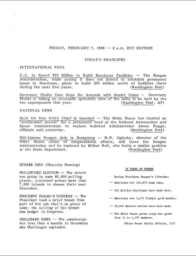 Page 1, Friday, February 7, 1986 – 6 a.m. EST Edition News Summary Office, White House: News Summaries SERIES II: WHITE HOUSE NEWS SUMMARY FINALS. Box 386. Folder 02/07/1986.