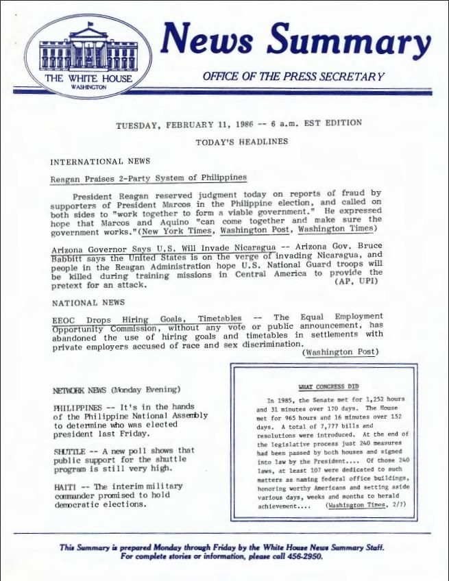  Page 1, News Summary Office of the Press Secretary Thursday, February 27, 1986 – 6 a.m. EST EditionNews Summary Office, White House: News Summaries SERIES II: WHITE HOUSE NEWS SUMMARY FINALS. Box 386. Folder 02/11/1986.