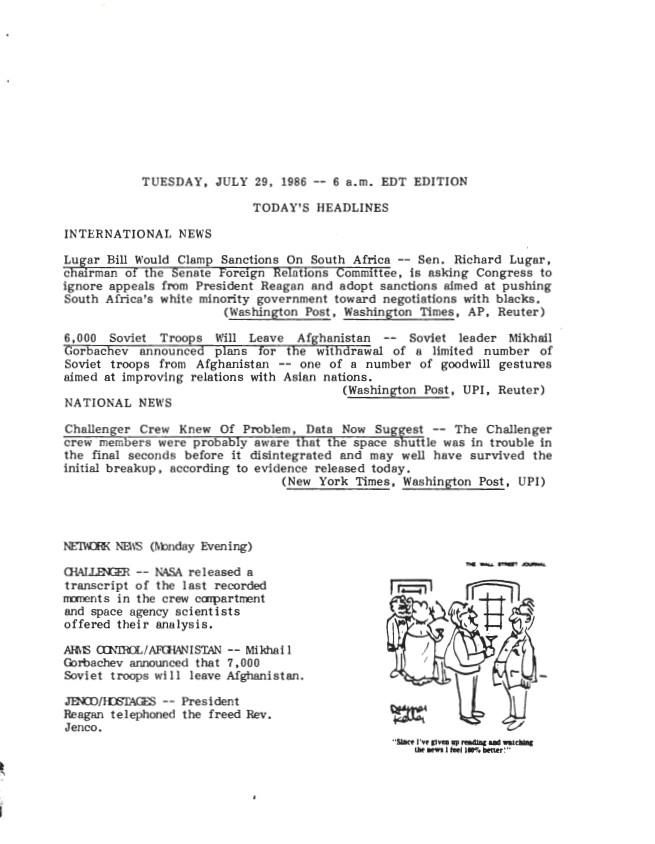 Page 1, Tuesday, July 29, 1986 – 6 a.m. EDT Edition News Summary Office, White House: News Summaries SERIES II: WHITE HOUSE NEWS SUMMARY FINALS. Box 389. Folder 07/29/1986.