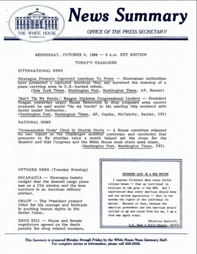 Page 1, News Summary Office of the Press Secretary Wednesday, October 8, 1986 – 6 a.m. EDT Edition News Summary Office, White House: News Summaries SERIES II: WHITE HOUSE NEWS SUMMARY FINALS. Box 391. Folder 10/08/1986.
