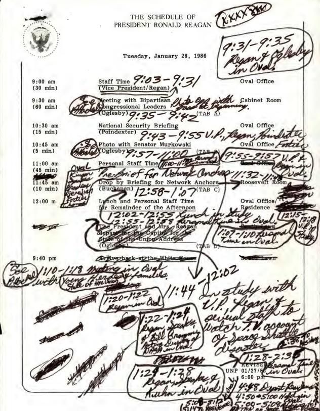  Schedule of President Ronald Reagan Tuesday, January 28, 1986 President, Office of the: Briefing Papers: Records. Box 66. Folder: 01/28/1986 (case file 386628).