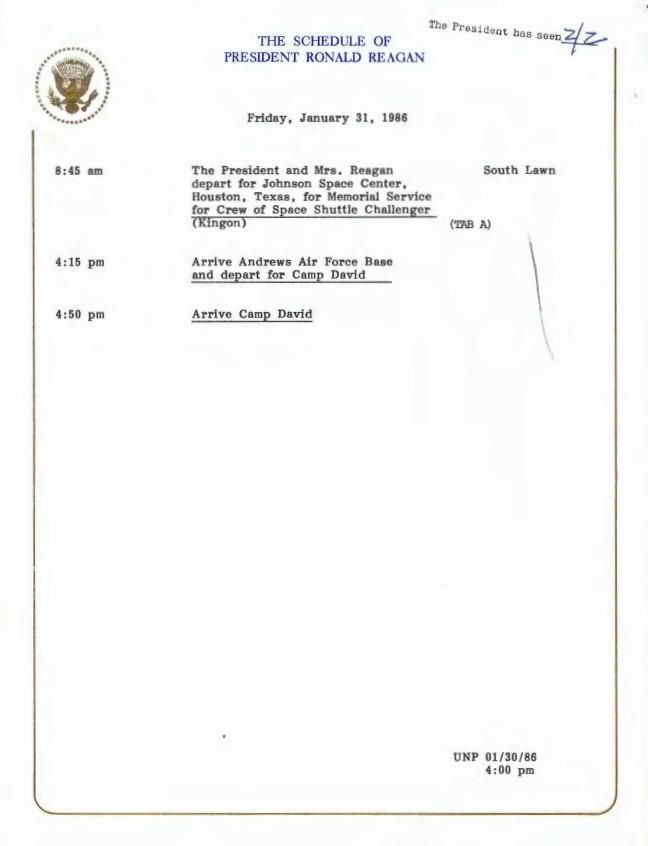 The Schedule of President Ronald Reagan Friday, January 31, 1986 President, Office of the: Presidential Briefing Papers. Box 66. Folder: 01/31/1986 (case file 386631).