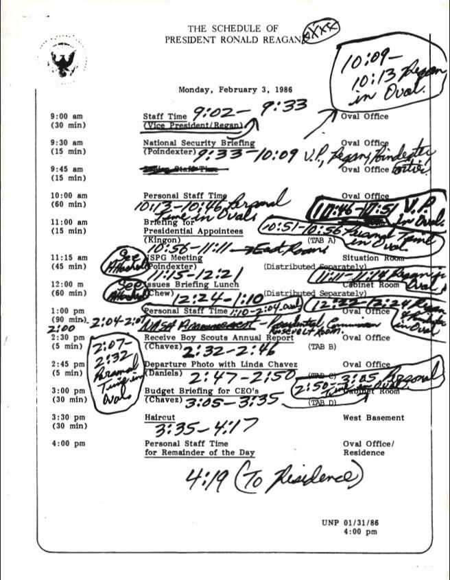 The Schedule of President Ronald Reagan Monday, February 3, 1986 President, Office of the: Presidential Briefing Papers: Records. Box 66. Folder: 02/03/1986 (case file 400703).