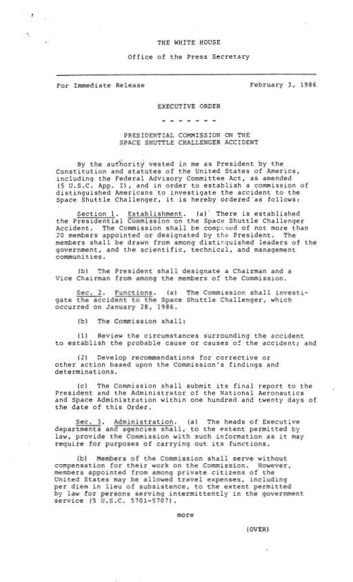 Page 1, Executive Order Presidential Commission on the Space Shuttle Challenger Accident February 3, 1986 Press Secretary, Office of the: Press Releases and Briefings: Records SERIES I: PRESS RELEASES Box 121 02/03/1986 #9700 – Executive Order – Presidential Commission on the Space Shuttle Challenger Accident