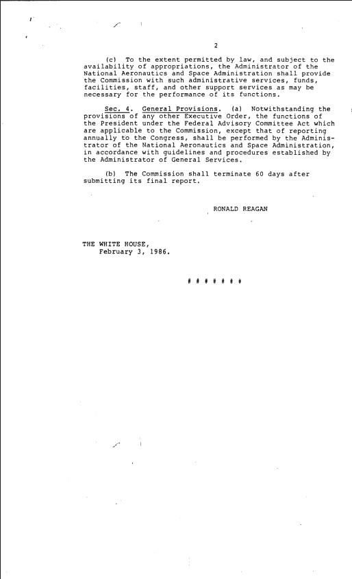 Page 2, Executive Order Presidential Commission on the Space Shuttle Challenger Accident February 3, 1986 Press Secretary, Office of the: Press Releases and Briefings: Records SERIES I: PRESS RELEASES Box 121 02/03/1986 #9700 – Executive Order – Presidential Commission on the Space Shuttle Challenger Accident