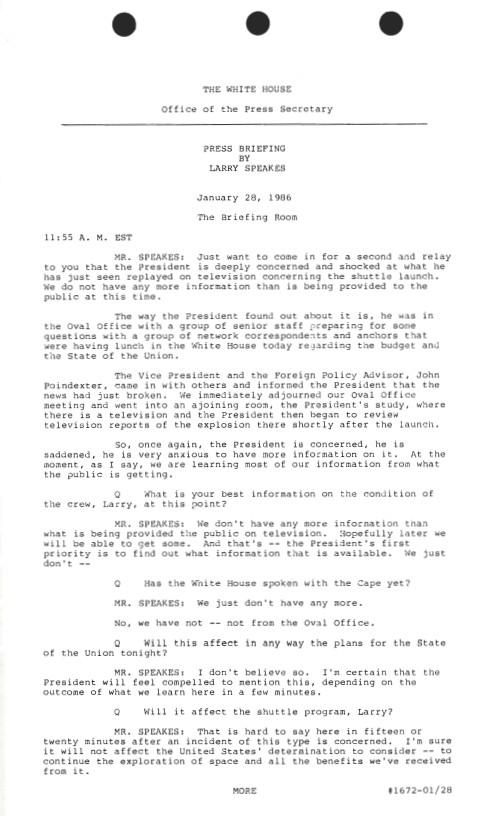Page 1, Press Briefing By Larry Speakes 01/28/1986 The Briefing Room 11:55 A.M. EST #1672 Press Secretary, Office of the: Press Releases and Press Briefings: Records SERIES II: PRESS BRIEFINGS. Box 41. Folder: 01/28/1986 (#1672)