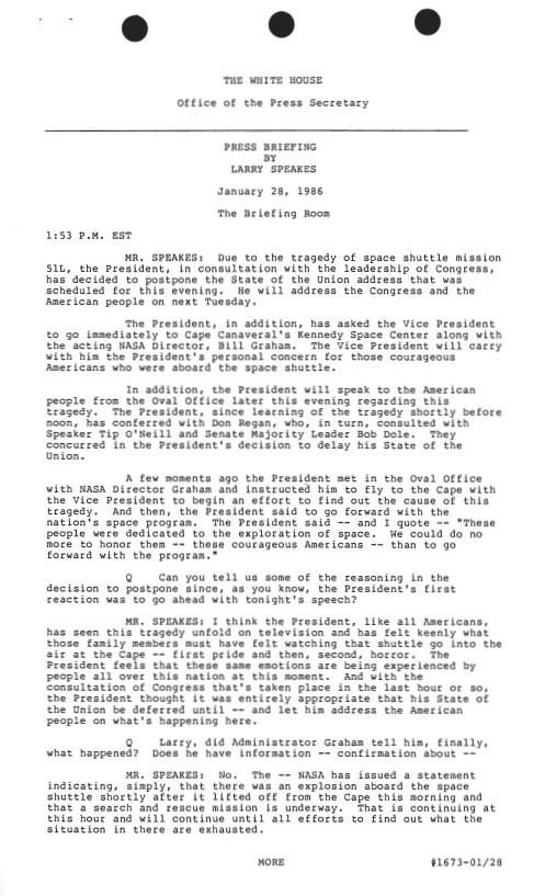 Page 1, Press Briefing By Larry Speakes 01/28/1986 The Briefing Room 1:53 P.M. EST #1673 Press Secretary, Office of the: Press Releases and Press Briefings: Records SERIES II: PRESS BRIEFINGS. Box 41. Folder 01/28/1986 (#1673).