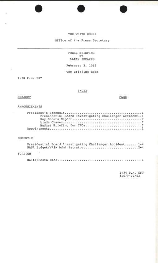 Index, Press Briefing By Larry Speakes 02/03/1986 The Briefing Room 1:28 P.M. EST #1679 Press Secretary, Office of the: Press Releases and Press Briefings: Records SERIES II: PRESS BRIEFINGS. Box 42. Folder: 02/03/1986 (#1679A).
