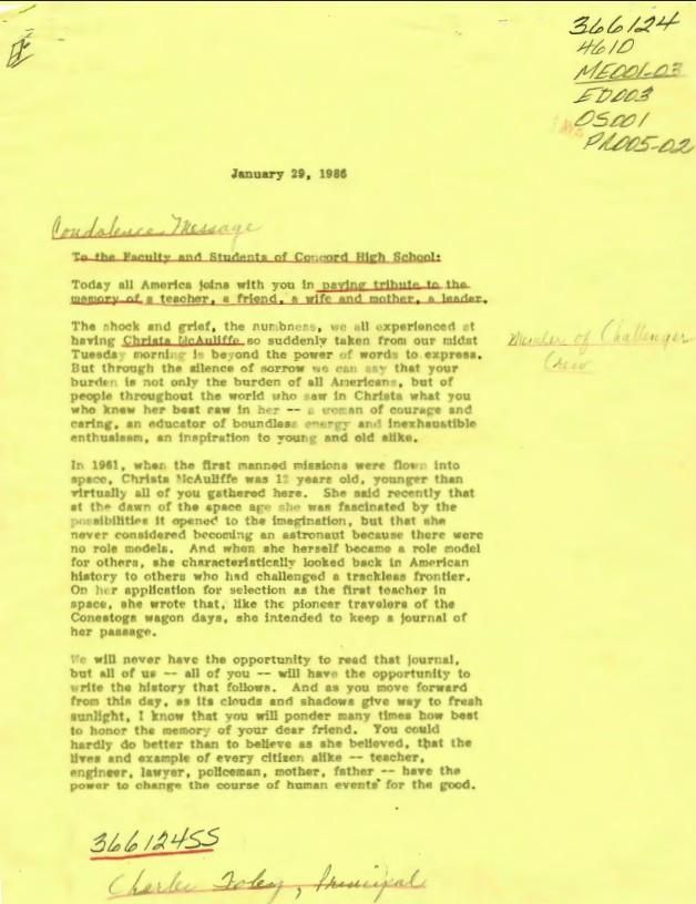 Page 1, Letter From: Ronald Reagan To: The Faculty and Students of Concord High School dated: 01/29/1986 WHORM Subject File ME001-03 (Messages: Messages, Presidential: Sympathy – Condolences.) Case File 366124.