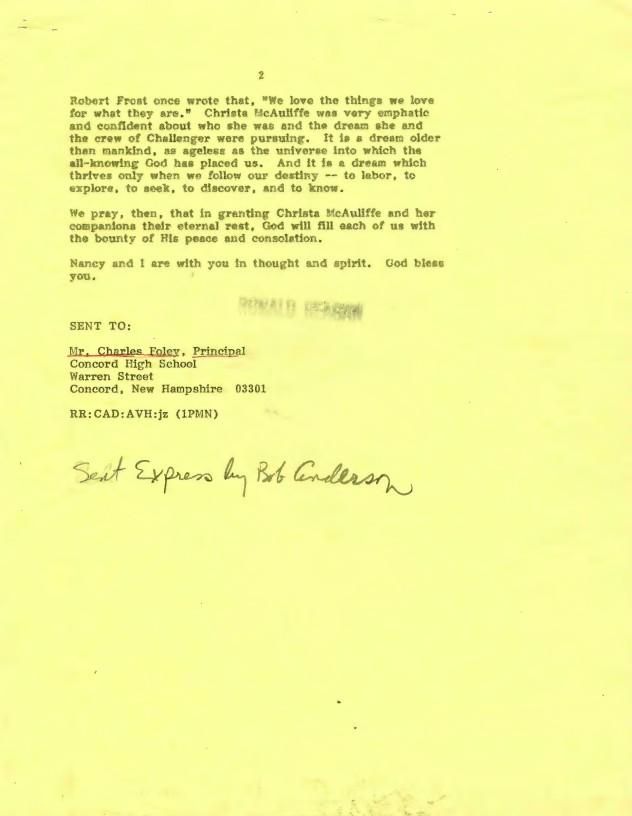 Page 2, Letter From: Ronald Reagan To: The Faculty and Students of Concord High School dated: 01/29/1986 WHORM Subject File ME001-03 (Messages: Messages, Presidential: Sympathy – Condolences). Case File 366124.