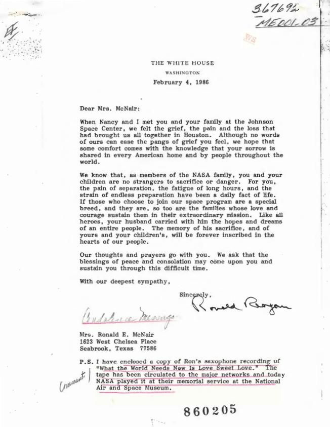 Letter, From: Ronald Reagan To: Mrs. Ronald E. McNair dated: 02/04/1986 WHORM Subject File ME001-03 (Messages: Messages, Presidential: Sympathy – Condolences). Case File 367692.
