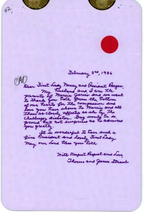 Letter, From: Theresa and James Straub To: First Lady Nancy and President Reagan dated 02/03/1986 WHORM Subject File PR005-01 (Public Relations: Autographs – Photographs: Autograph granted, Presidential). Box 72. Case File 395321.