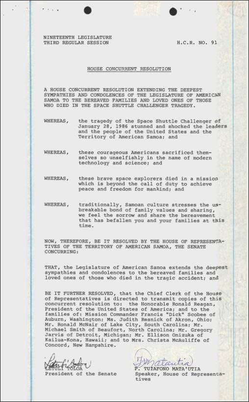 English version, House Concurrent Resolution No. 91 Third Regular Session of the Nineteenth Legislature of American Samoa, dated 01/30/1986 WHORM Subject File PR013-01 (Public Relations: Petitions – Resolutions – Multiple Signatures: Petitions – Resolutions from State Officials) Box 40. Case File 397078.