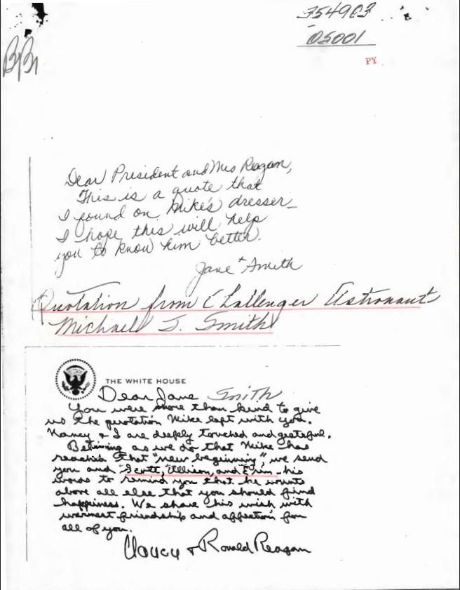 Letter, From: Jane Smith To: President and Mrs. Reagan and From: Nancy and Ronald Reagan To: Jane Smith WHORM Subject File OS001 (Outer Space: Space Flight). Box 12. Case File 354903.