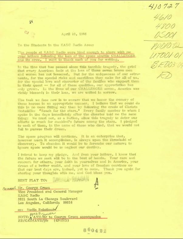 Letter, From: Ronald Reagan To: The Students in the KABC Radio Area dated 04/22/1986 WHORM Subject File OS001 (Outer Space: Space Flight). Box 13. Case File 410727.