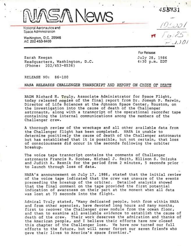 NASA News For Release: July 28, 1986 4:30 p.m. EDT RELEASE NO: 86-100 WHORM Subject File OS001 (Outer Space: Space Flight). Box 15. Case File 455931.