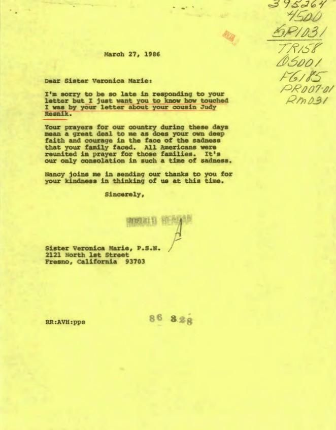 Letter, From: Ronald Reagan To: Sister Veronica Marie, P.S.N. dated 03/27/1986 WHORM Subject File SP1031 (Speeches: NASA Memorial Service, Challenger, Houston, TX, 01/31/986). Box 280. Case File 395264