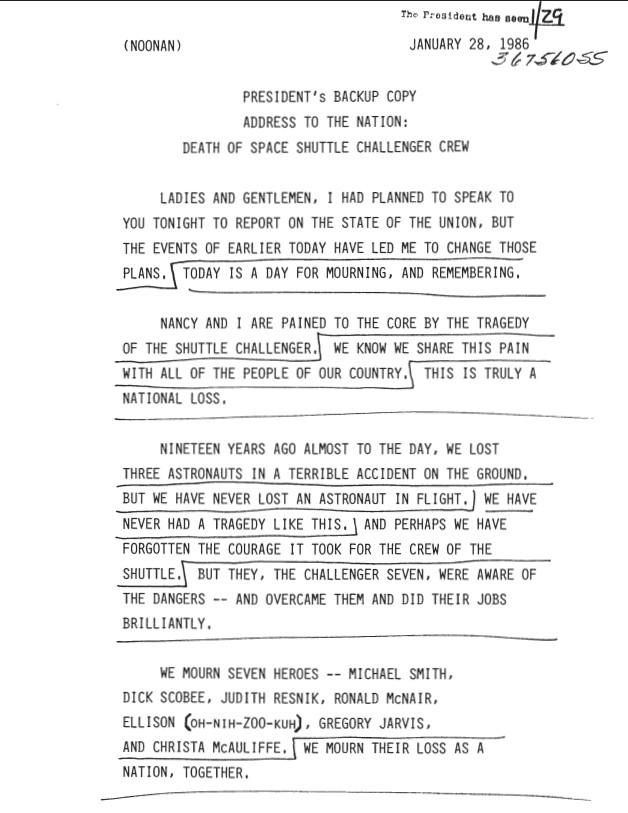 Page 1, President’s Backup Copy Address to the Nation: Death of Space Shuttle Challenger Crew 01/28/1986 367560SS SP1029 White House Office of Records Management: Presidential Handwriting File, 1981-1989 (COPY SET) SERIES III: PRESIDENTIAL SPEECHES. Box 22. Folder 420 (01/25/1986-01/28/1986).