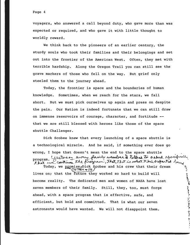 Page 4, Presidential Remarks: Memorial Service For The Challenger Crew Houston, Texas Friday, January 31, 1986, dated: January 30, 1986 2:30 p.m. White House Office of Records Management: Presidential Handwriting File, 1981-1989 (COPY SET) SERIES III: PRESIDENTIAL SPEECHES. Box 22. Folder 421 (01/29/1986-01/31/1986).