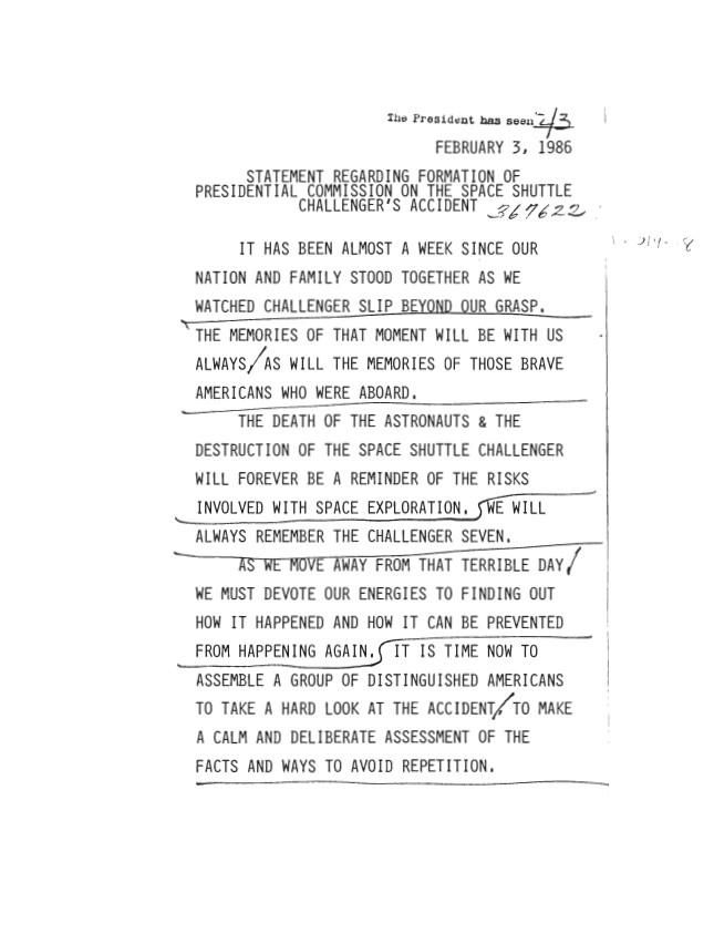 Page 1, Statement Regarding Formation of Presidential Commission on the Space Shuttle Challenger’s Accident 02/03/1986 White House Office of Records Management: Presidential Writing File, 1981-1989 (COPY SET) SERIES III: PRESIDENTIAL SPEECHES. Box 22. Folder 422 (02/01/1986-02/03/1986).