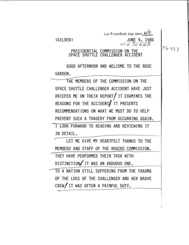 Page 1, Presidential Commission On The Space Shuttle Challenger Accident 06/09/1986 416755SS FG427 White House Office of Records Management: Presidential Handwriting File, 1981-1989 (COPY SET) SERIES III: PRESIDENTIAL SPEECHES Box 24. Folder 456 (06/09/1986-06/11/1986).