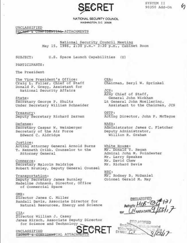 Page 1, National Security Council Meeting May 15, 1986 2:30 p.m. – 3:30 p.m., Cabinet Room Subject: U.S. Space Launch Capabilities Executive Secretariat, NSC: NSC Meeting Files: Records. Folder NSC 00131 05/15/1986 [Space Launch Strategy, Space Policy, NSDD] (1 of 2).