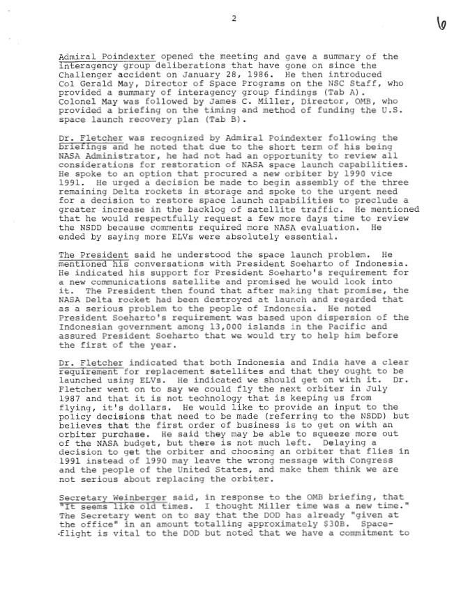 Page 2, National Security Council Meeting May 15, 1986 2:30 p.m. – 3:30 p.m., Cabinet Room Subject: U.S. Space Launch Capabilities Executive Secretariat, NSC: NSC Meeting Files: Records. Folder NSC 00131 05/15/1986 [Space Launch Strategy, Space Policy, NSDD] (1 of 2).