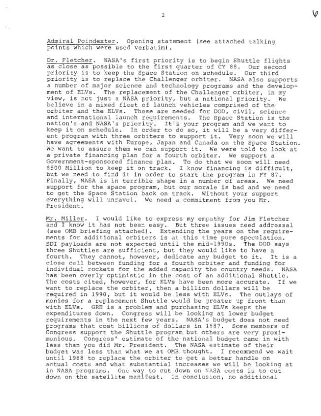 Page 2, National Security Council Meeting July 29, 1986, 11:00 a.m. – 12:00 noon, Cabinet Room Subject: U.S. Space Launch Capabilities Executive Secretariat, NSC: NSC Meeting Files: Records. Folder NSC 00134 07/29/1986 [Space Launch Capabilities] (1 of 4).