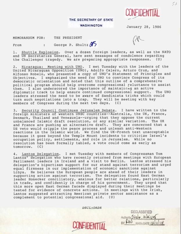 Memorandum for: The President From: George P. Shultz 01/28/1986 Situation Room, White House: Records RAC Box 36. Folder President/NSC Chron 01/20/1986-01/28/1986