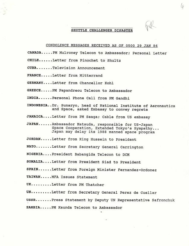 Page 1, Shuttle Challenger Disaster Condolence Messages Received as of 0500 29 Jan 86 Situation Room, White House: Records RAC. Box 36. Folder President/NSC Chron 01/29/1986-02/02/1986
