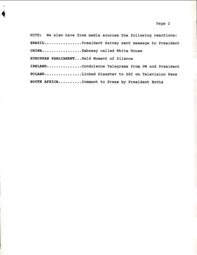 Page 2, Shuttle Challenger Disaster Situation Room, White House: Records. RAC Box 36. Folder President/NSC Chron 01/29/1986-02/02/1986