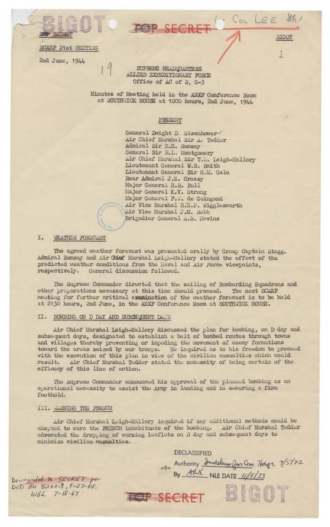 Minutes of the Supreme Commander Allied Expeditionary Force (SCAEF) 21st Meeting, June 2, 1944