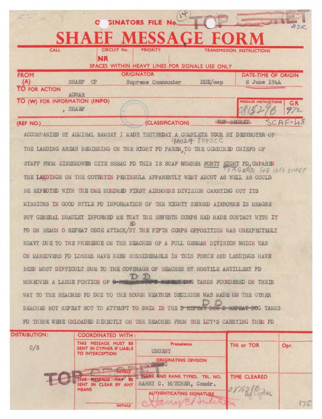 SHAEF Message from General Dwight D. Eisenhower to General George C. Marshall Concerning the First Reports of the Normandy Landing
