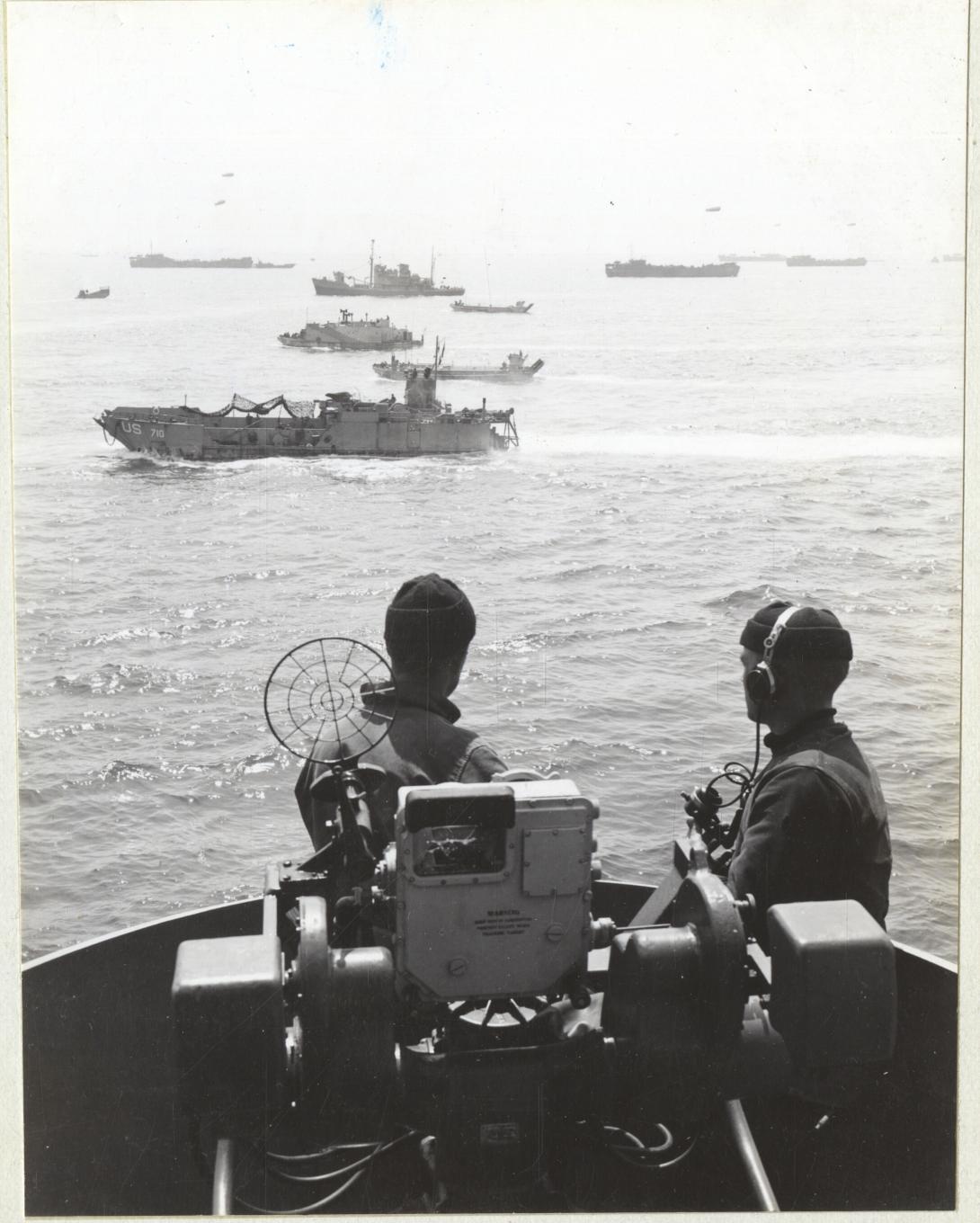 Landing Craft Protected By Destroyers Going in to Beach on Coast of France on D-Day