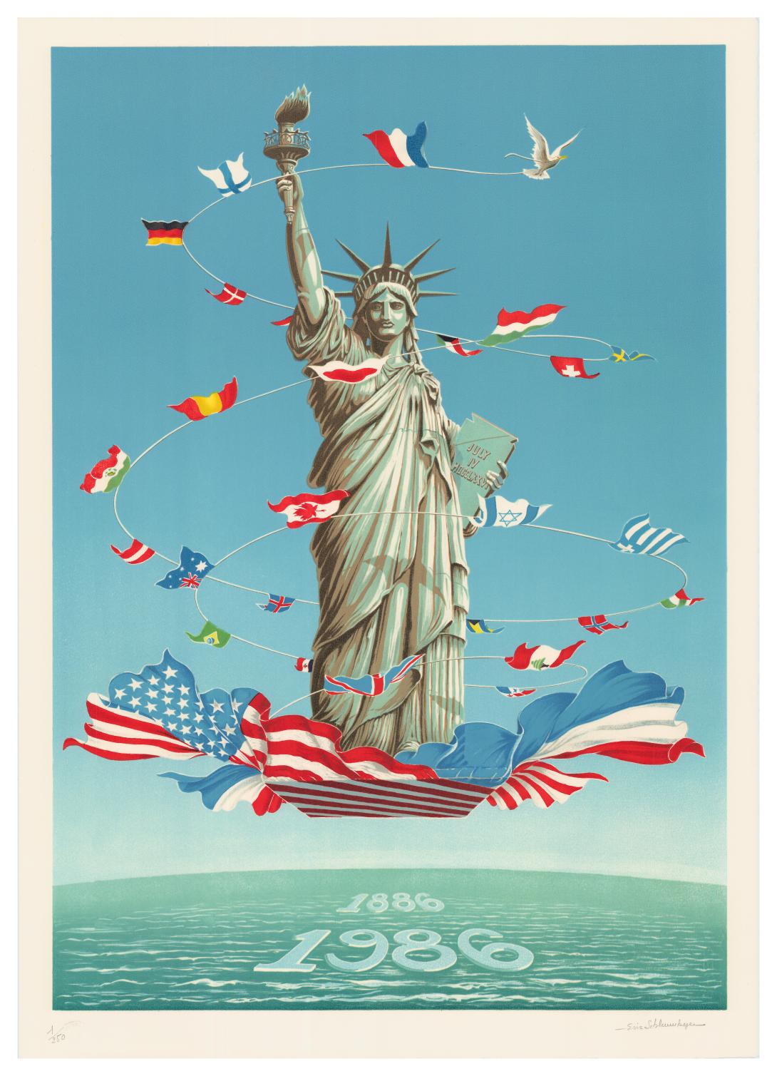 Portfolio Contents (Lithograph), "Centenaire De La Statue De La Liberte" [view 4 of 4] Artifact ID: 1986.00608.01a-k Artists: Michel Dubre, Michel Lacoste, Hugo de Saint-Morland, Eric Schlumberger, Eric Gaudin, and Katia Schmitt Date Made: 1986