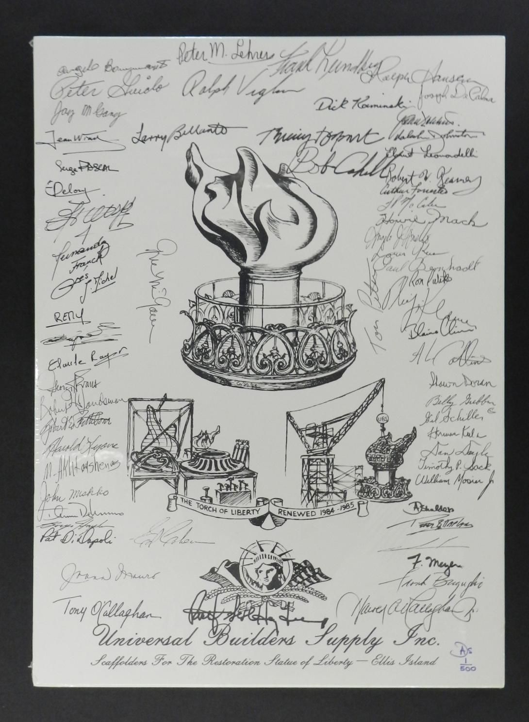 Embossed Poster, Scaffolders For The Restoration Statue of Liberty Artifact ID: 1986.07128.01 Date Made: 1986