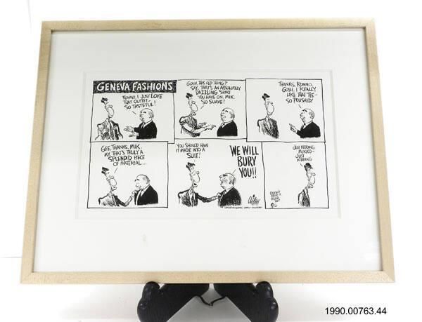 Framed Pat Oliphant political cartoon entitled "Geneva Fashions" given by the Kiplinger Foundation. 1990.00763.44