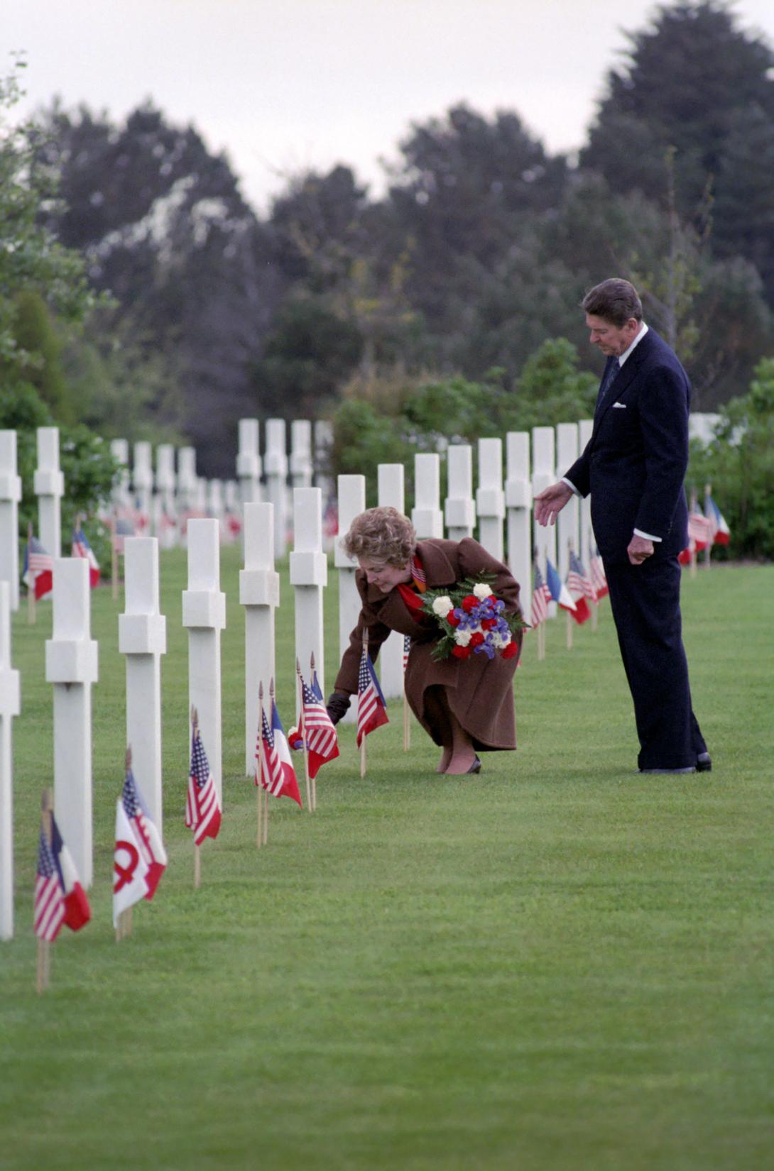 The Reagan's visit the grave of Ann Allman's (Reagan's cook) brother at Normandy American Cemetery and Memorial in Colleville-sur-Mer, France 06/06/1984